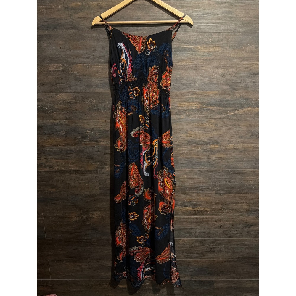 Poetry Paisley Maxi Dress Black‎ Orange Smocked Waist Spaghetti Strap Small
